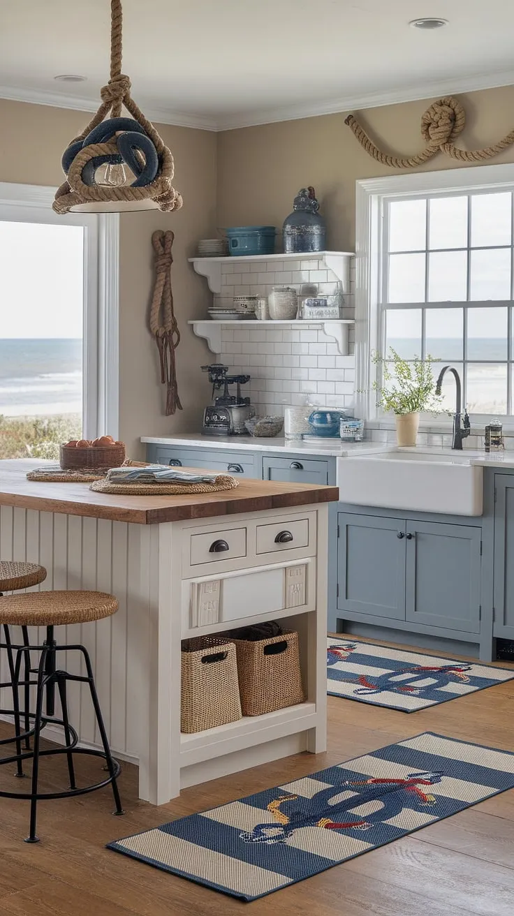 This coastal farmhouse kitchen is a haven of tranquility. The calming beige walls, two-tone gray cabinetry, and nautical rope details create a serene atmosphere. The large window offers stunning beach views, while the wooden island and comfortable bar stools provide the perfect spot for casual gatherings. A true escape.