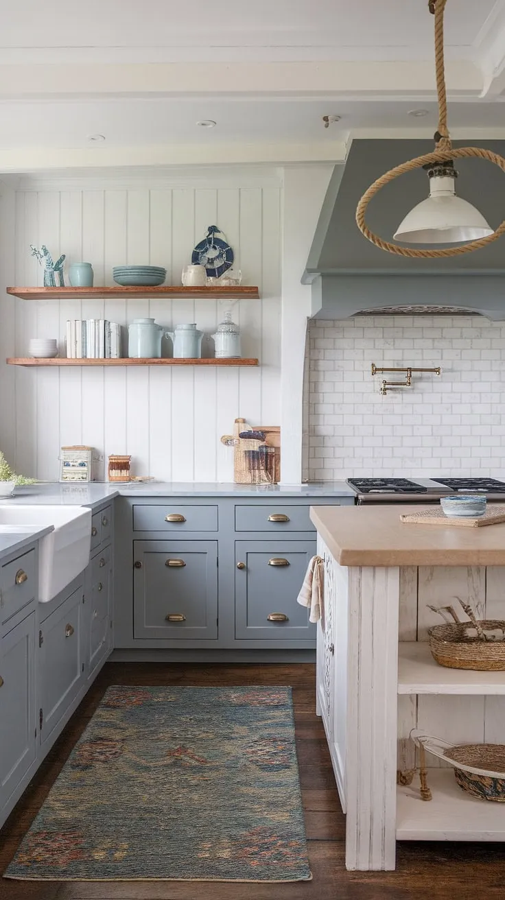 This kitchen effortlessly blends coastal serenity with farmhouse warmth. The gray cabinetry and white walls provide a calming backdrop, while the beige island and nautical rope light inject playful personality. The carefully curated wooden shelf and textured rug complete the inviting, lived-in feel.