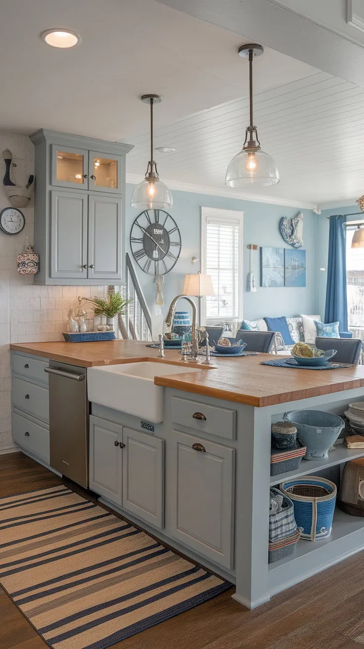 Ocean breezes and coastal charm fill this kitchen, where gray cabinets meet a warm wood island, creating a serene and inviting space. The nautical accents and comfortable living area seamlessly blend indoor and outdoor living, offering a perfect retreat. A truly tranquil escape.