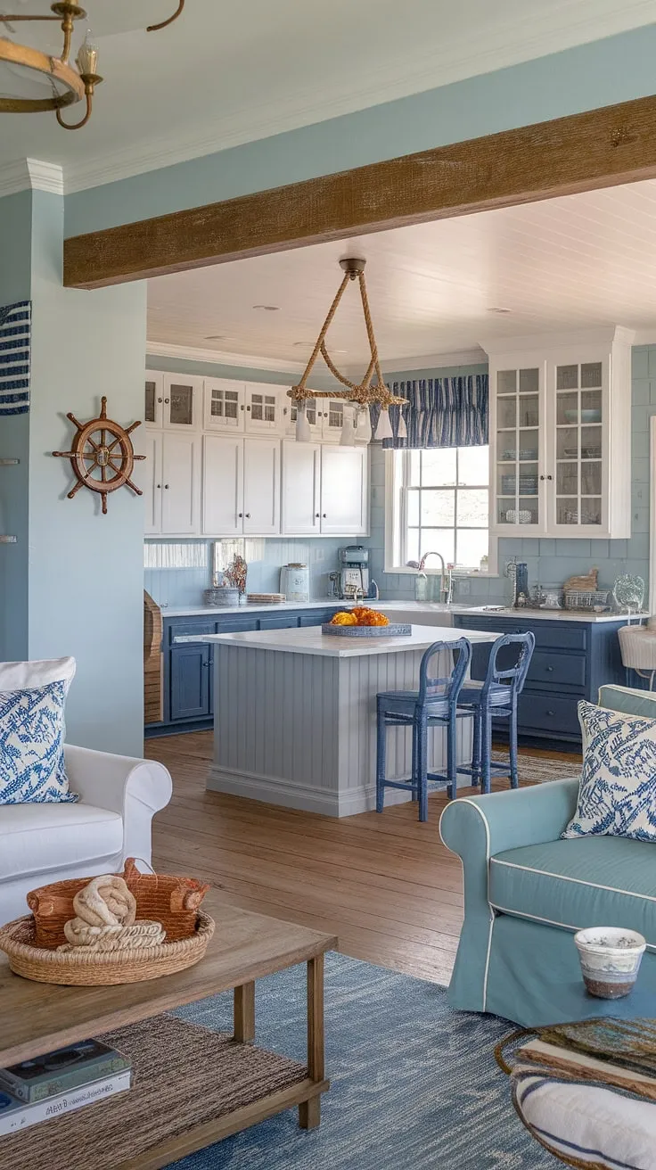 Ocean breezes and farmhouse charm collide in this coastal kitchen, where gray cabinets meet a ship's wheel and rope lighting creates a captivating nautical ambiance. The two-toned cabinetry and wooden beams add warmth, while the coastal rug anchors the space with effortless style.