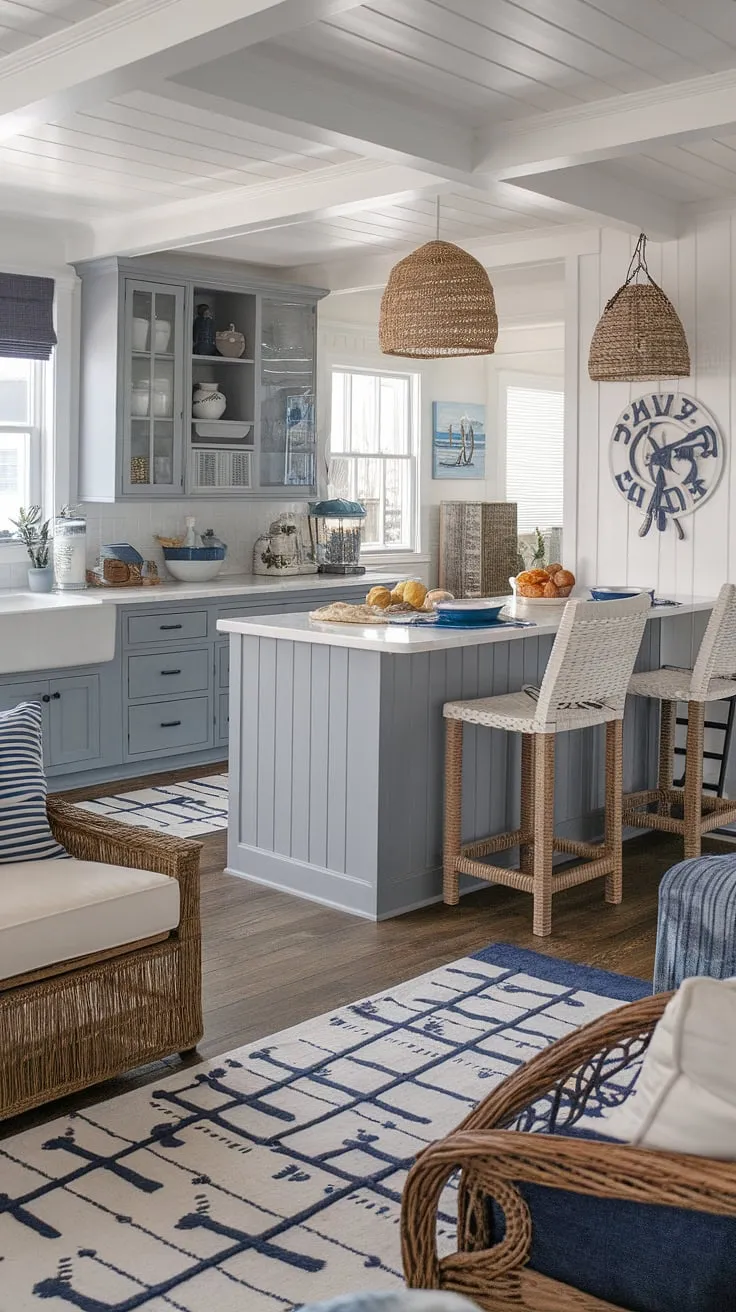 Escape to this coastal haven, where the calming gray tones of the two-tone kitchen cabinets meet the warmth of a beach house kitchen island. Nautical decor and a cozy coastal kitchen rug complete this serene space, offering a perfect blend of farmhouse charm and seaside tranquility. A true sanctuary awaits.