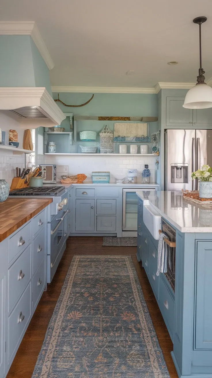 This two-tone coastal kitchen is the epitome of relaxed elegance. Gray cabinets are beautifully complemented by the rich wood and crisp white quartz, creating a space that's both stylish and functional. The coastal rug adds a touch of playful texture to the serene atmosphere.