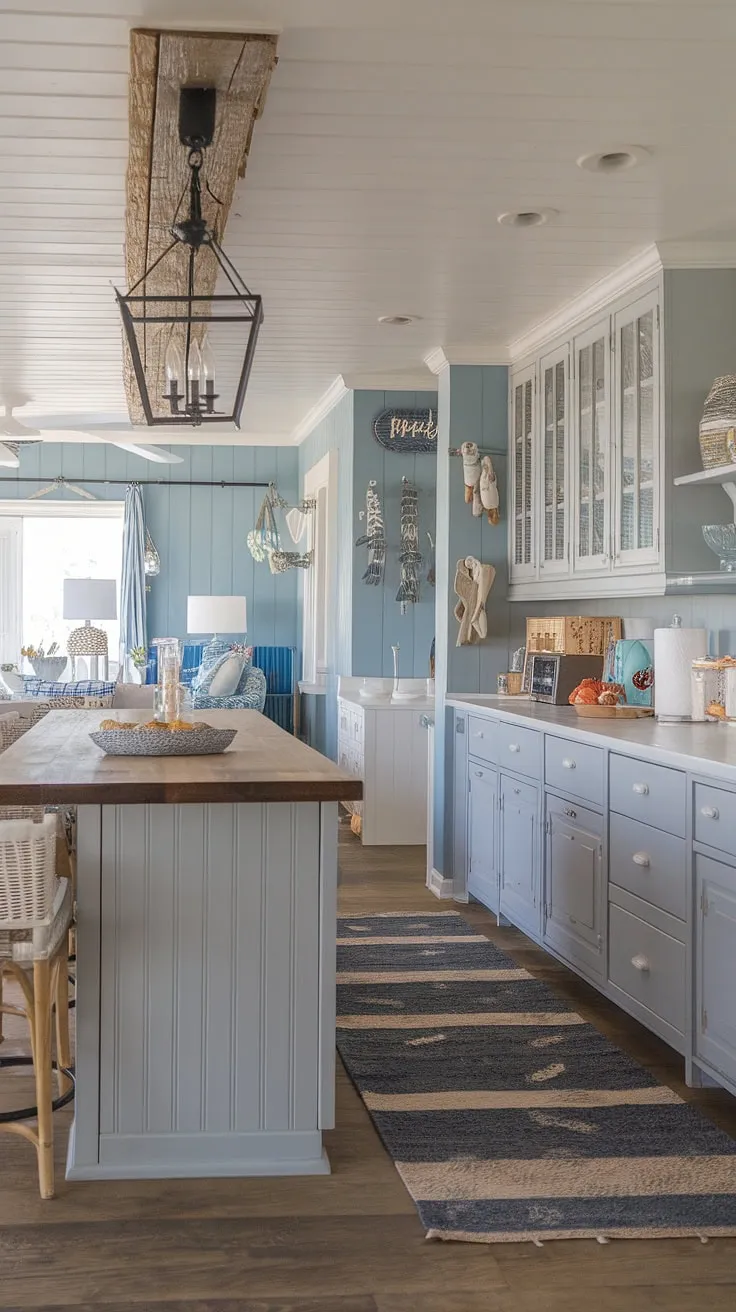 This two-tone coastal kitchen is a dream come true. The blend of gray cabinetry and warm wood, accented by a rustic beam and nautical-inspired decor, creates a harmonious balance between modern and farmhouse styles. The inviting island and comfortable rug make it the perfect place to gather and enjoy the beachy atmosphere.