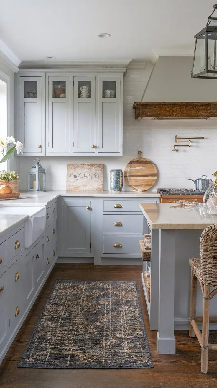 Ocean breezes and coastal charm meet in this dreamy kitchen. The two-tone gray cabinets, beige marble island, and soft white walls create a serene space perfect for seaside living. A touch of rustic wood and a cozy rug add warmth and texture, making it the heart of a relaxed coastal home.