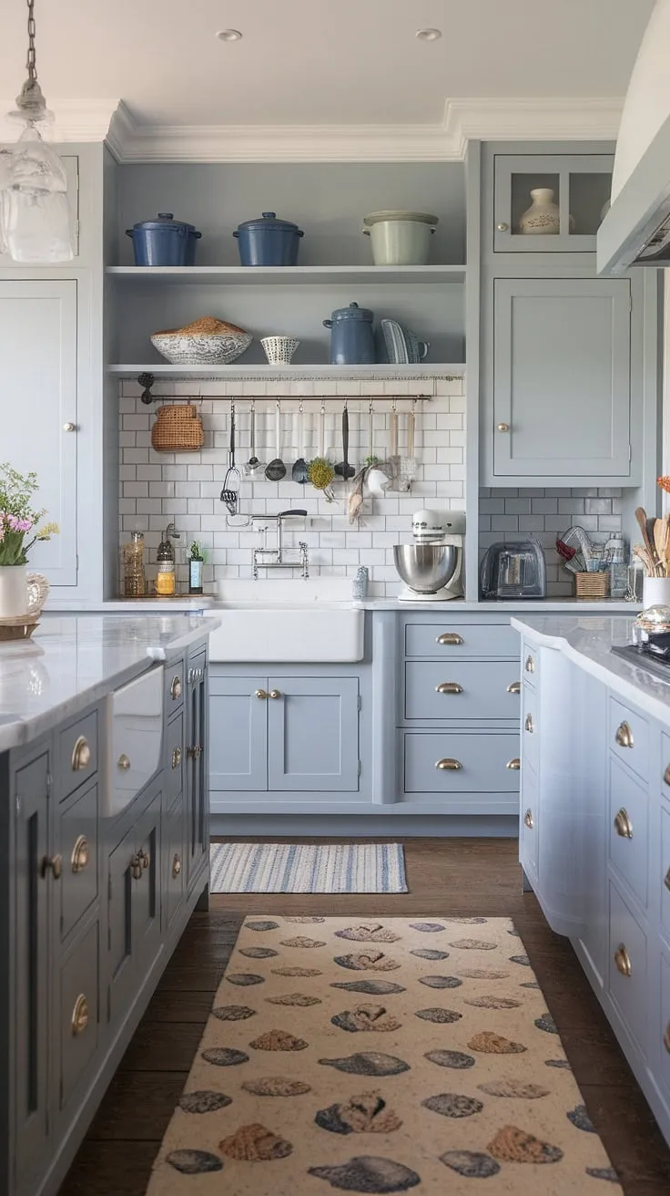 Coastal charm meets modern convenience in this dreamy kitchen. Gray cabinets and a marble island create a sophisticated yet relaxed atmosphere, perfectly complemented by the white farmhouse sink and shell-patterned rug. The hanging pots add a touch of rustic warmth, while the KitchenAid mixer hints at delicious adventures to come. A perfect blend of style and functionality.