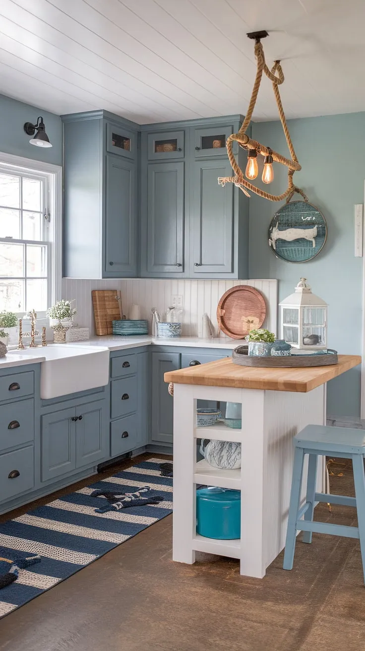 Coastal charm meets farmhouse function in this serene kitchen. The gray cabinets, two-tone color scheme, and nautical accents create a space that's both stylish and inviting. A rope light adds a touch of whimsy above the butcher block island, while the blue barstool and nautical rug complete the look. It's the perfect blend of relaxed elegance and seaside serenity.