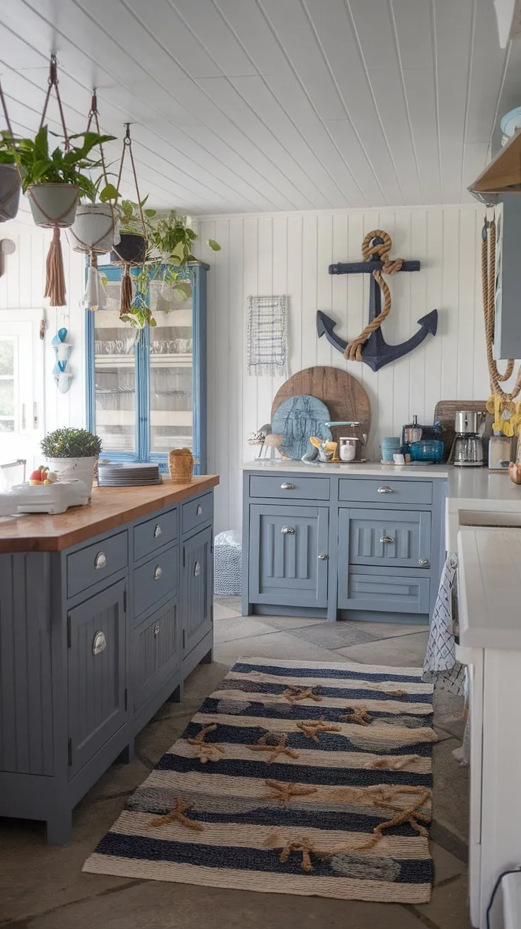 Coastal charm meets farmhouse function in this kitchen. The gray cabinets and wood island create a calming two-tone space, perfectly complemented by the beach-inspired decor and the cozy rug underfoot. Hanging plants and nautical accents, like the large wooden anchor, add personality and a touch of the sea. This is where memories are made, and meals are savored.
