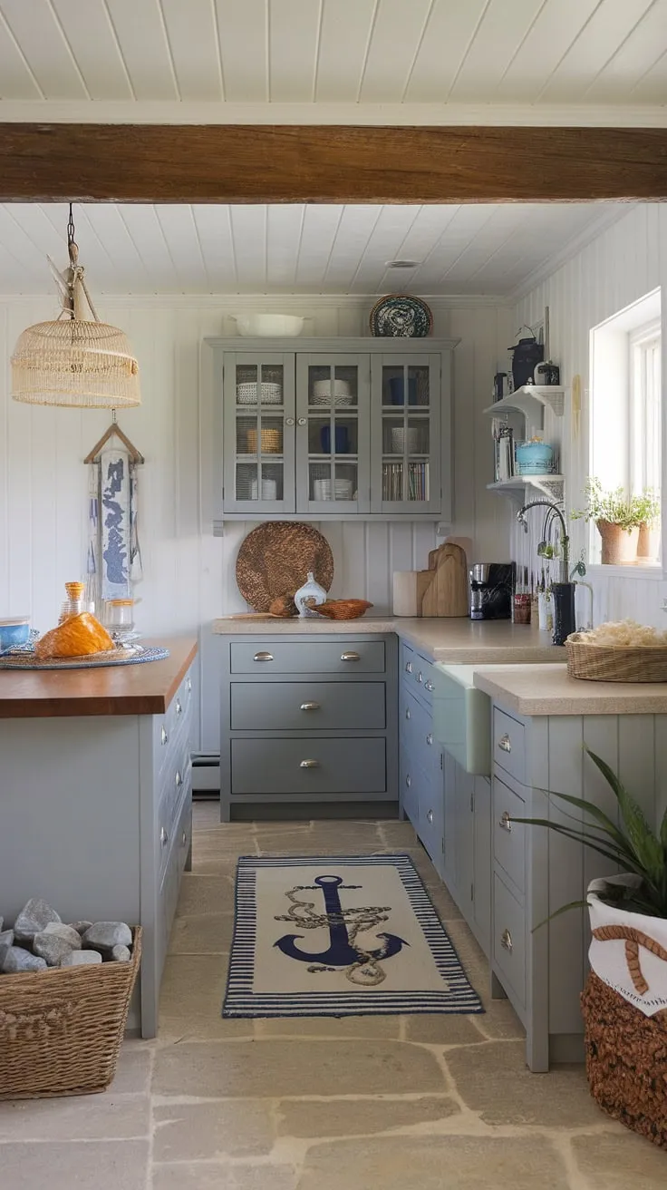 Coastal calm meets modern comfort in this kitchen. The gray cabinets, beige countertops, and nautical rug create a serene space where the ocean breeze feels ever-present. A perfect blend of rustic charm and sophisticated design, this kitchen is a sanctuary for the soul. The exposed wooden beam and white-paneled walls add warmth and character, while the carefully chosen beachy decor, including the rocks in a basket and potted plant, complete the idyllic coastal aesthetic.