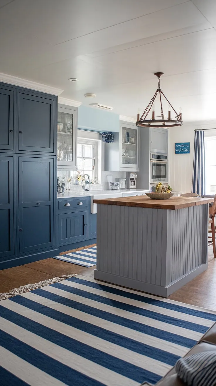 This stunning open-plan space effortlessly blends nautical and farmhouse aesthetics. The two-tone kitchen, complete with a charming island and striped rug, flows seamlessly into the living area, creating a light and airy atmosphere. A sense of peace pervades this coastal haven.