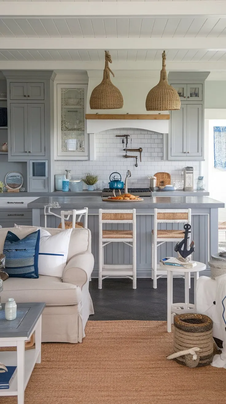 This nautical-themed living room effortlessly blends coastal farmhouse style with a touch of rustic charm. The gray and white kitchen cabinets, complemented by the inviting island and nautical décor, create a space that's both stylish and incredibly comfortable. The perfect retreat for anyone who loves the sea.
