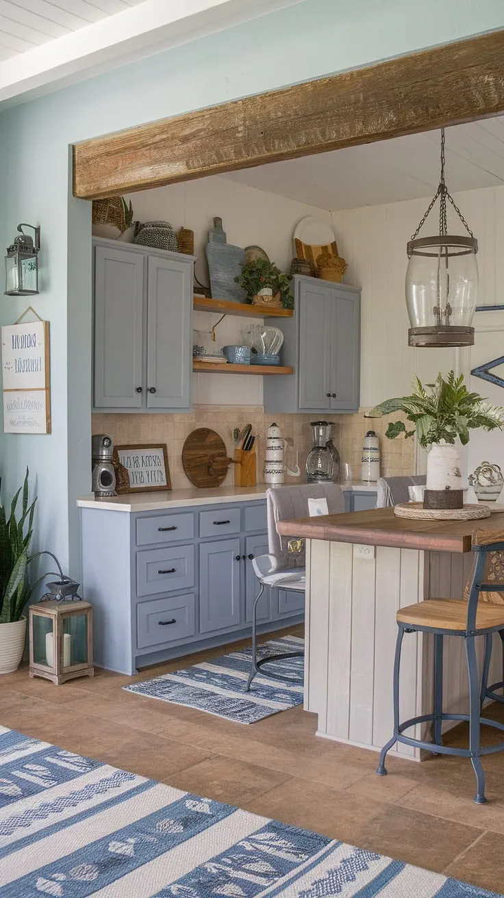 Ocean breezes and coastal charm fill this two-tone kitchen, where gray cabinets meet a beige backsplash, creating a serene space perfect for seaside living. The wooden island and exposed beam add warmth, while the light blue walls and nautical accents complete the tranquil atmosphere. A perfect blend of rustic and refined.