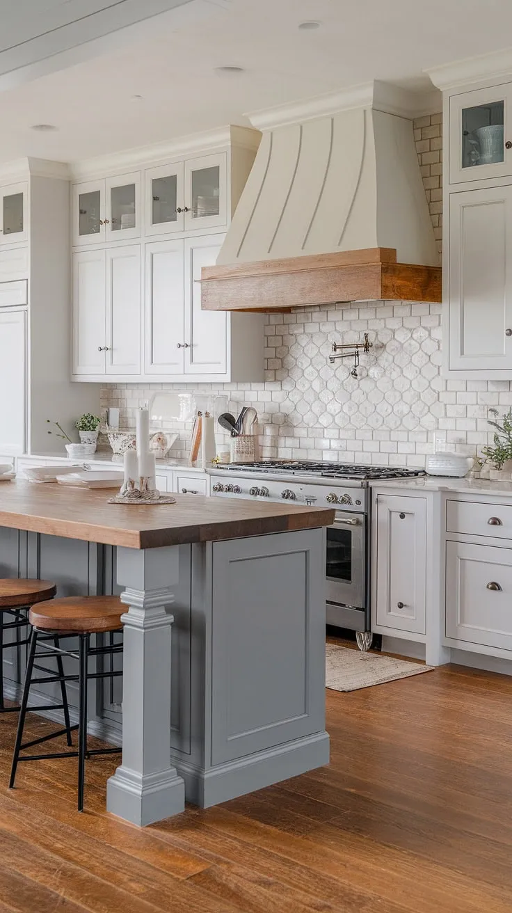 Coastal charm meets modern farmhouse style in this kitchen. The gray lower cabinets and white uppers create a calming two-tone effect, complemented by the warm wood island and textured backsplash. A perfect blend of rustic and refined, this space is ideal for creating lasting memories with loved ones.