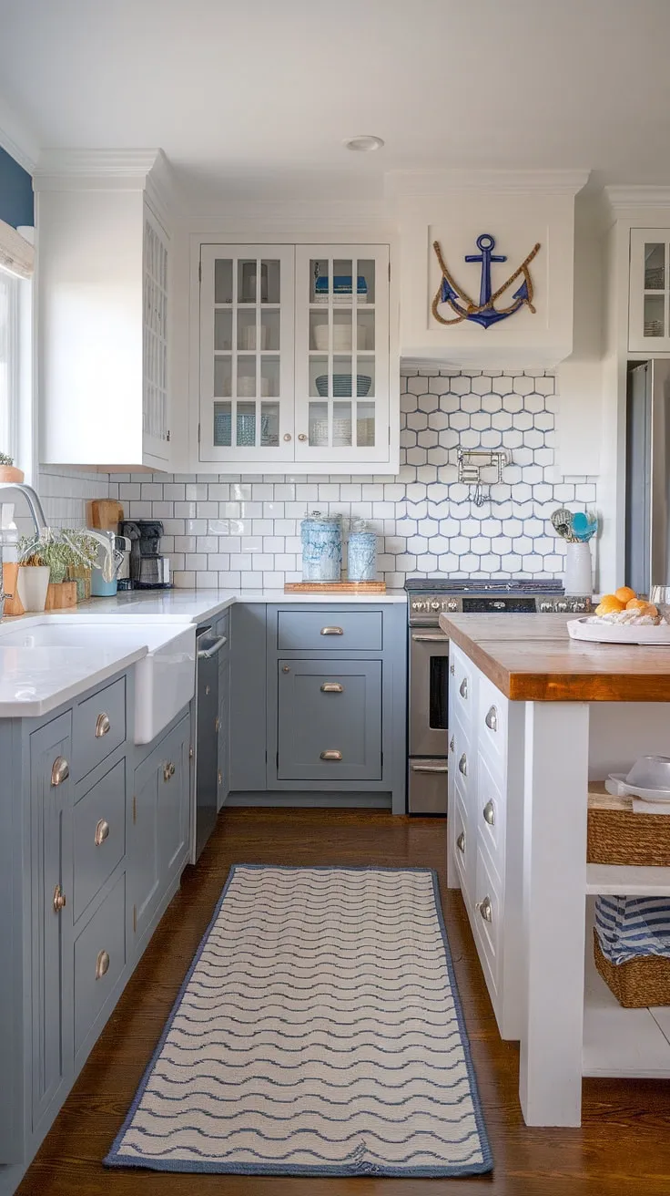 This bright and airy coastal farmhouse kitchen is a dream come true. The combination of gray and white cabinets, complemented by nautical-inspired accents, creates a serene and inviting space. The beautiful wave-patterned backsplash and the rustic wooden island top add warmth and texture, while the stainless steel legs provide a modern touch. Every detail, from the rope detailing to the beachy rug, contributes to the overall feeling of relaxed coastal living.