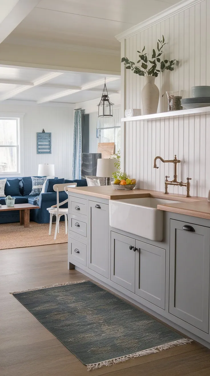 Coastal charm meets farmhouse function in this dreamy kitchen. The two-tone gray cabinets and beige countertops create a calming atmosphere, perfectly complemented by the white beadboard walls and bronze farmhouse sink. A peek into the adjacent nautical-themed living room hints at the relaxed seaside lifestyle enjoyed within these walls. The overall design is effortlessly elegant, a testament to thoughtful detail and a love for the coast.