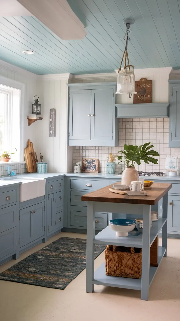 This kitchen is a dream come true! The light blue ceiling and white walls create a bright and airy space, while the gray cabinets and nautical details add a touch of coastal charm. The wood island is the perfect centerpiece, adding warmth and functionality to this beautifully designed space. A true haven.