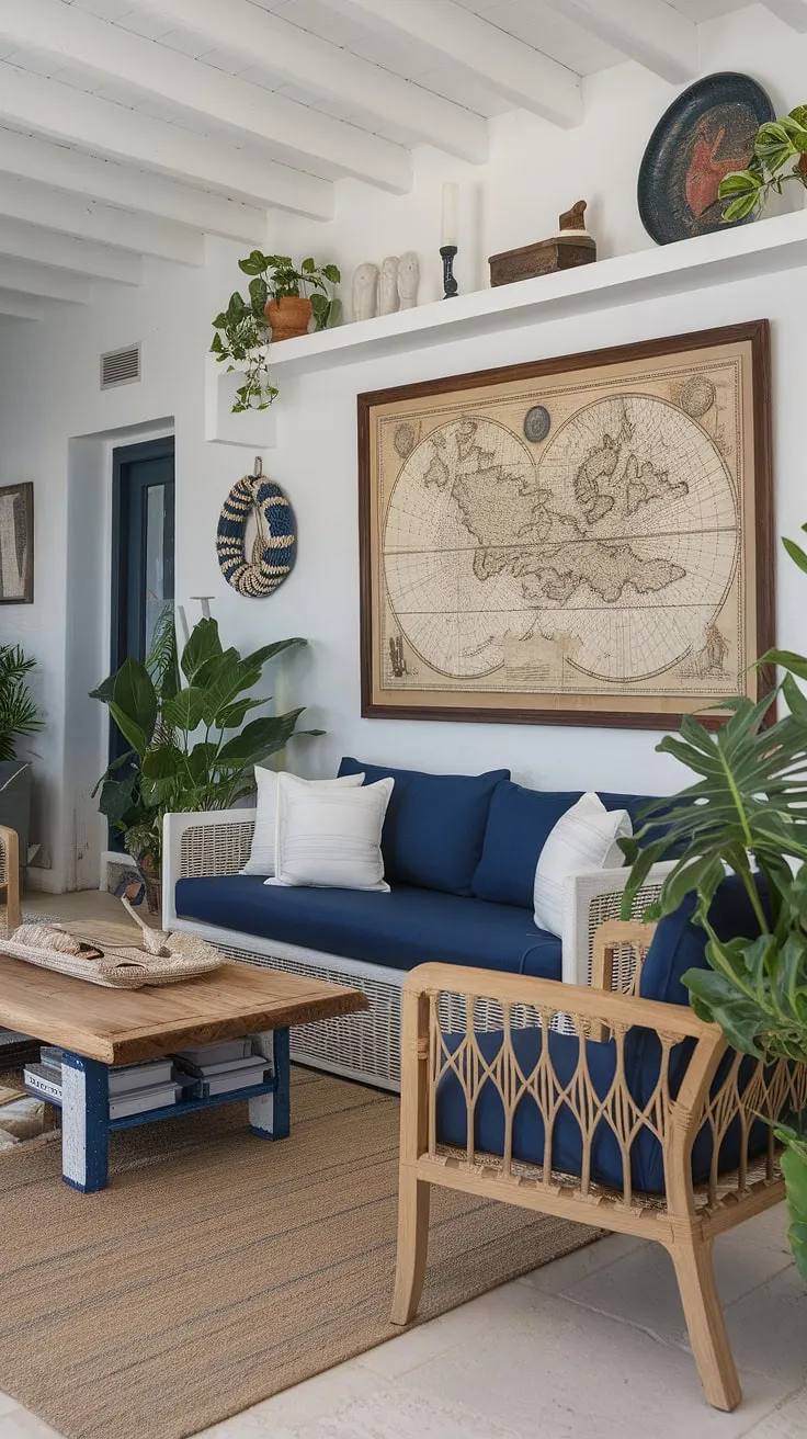 This coastal-inspired living room is a haven of relaxation. The nautical map, blue sofa, and beige rug create a sophisticated yet inviting space, perfect for unwinding after a long day. The addition of potted plants and carefully placed décor adds a touch of warmth and personality. A true coastal escape.