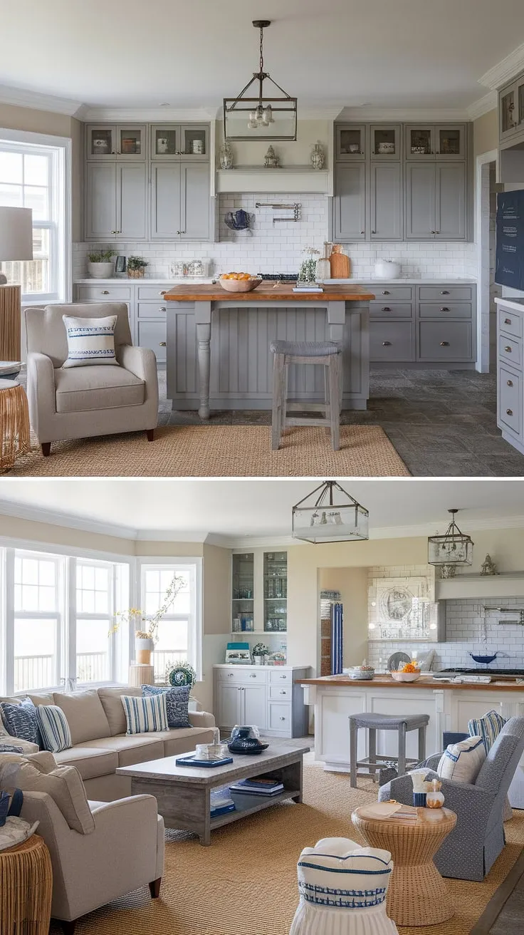 This dreamy home seamlessly blends beach house vibes with rustic farmhouse elements. The gray kitchen cabinets and wooden island create a stunning contrast against the beige walls and furnishings, while nautical touches throughout add a touch of coastal elegance. A space designed for relaxation and effortless living.