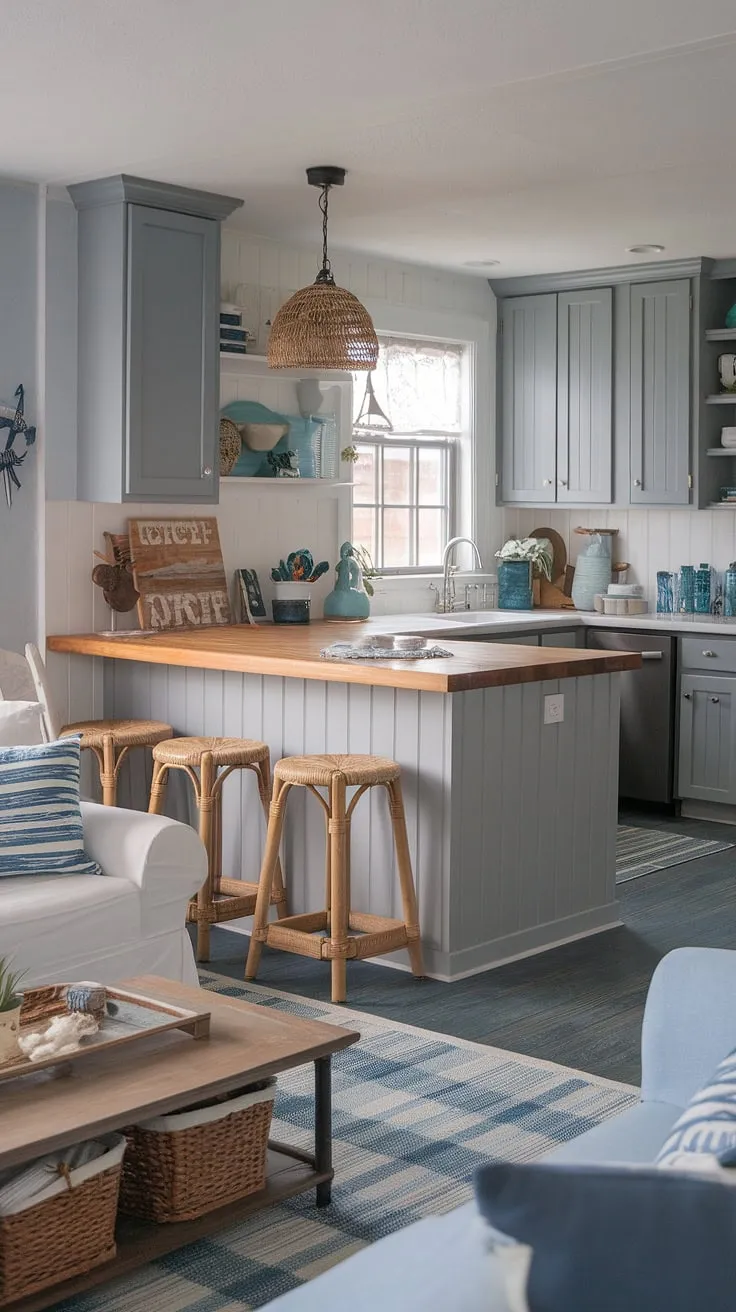 Escape to the seaside in this stunning living area, seamlessly blending a nautical theme with a beach house kitchen. Gray cabinets, a warm wood island, and coastal kitchen rug create a tranquil space perfect for unwinding. The thoughtful decorative items add a touch of coastal farmhouse charm.