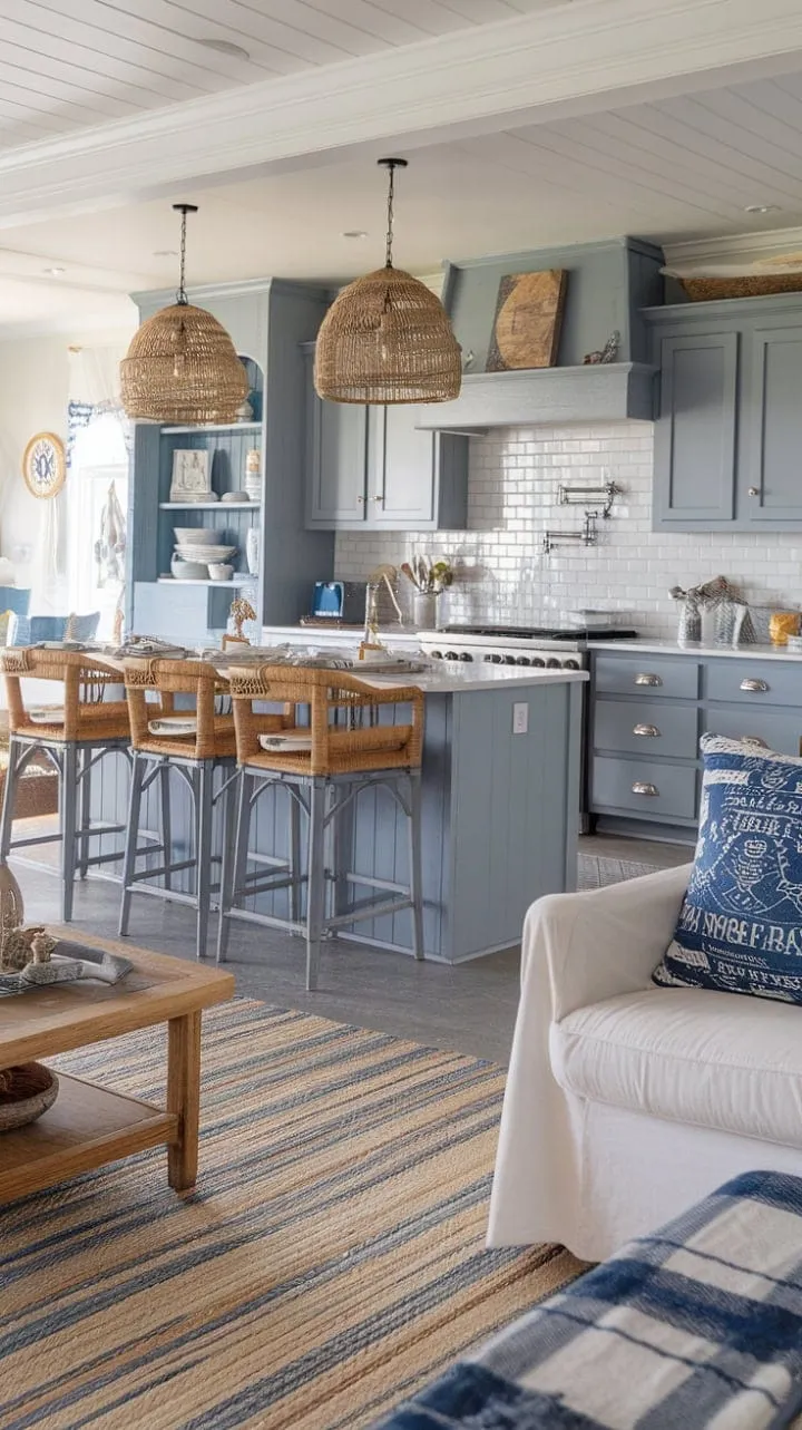 This coastal kitchen harmoniously fuses ocean-inspired hues with farmhouse warmth, featuring gray cabinets, a sunlit island, and a rug that evokes sandy shores.