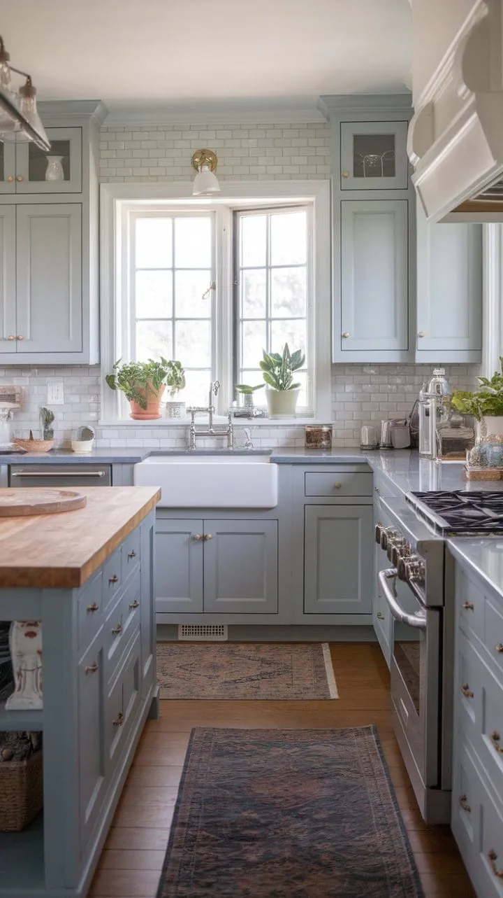 This stunning kitchen harmoniously combines coastal charm and modern elegance with gray cabinets, quartz countertops, and a welcoming butcher block island, all while offering serene views through a farmhouse sink.