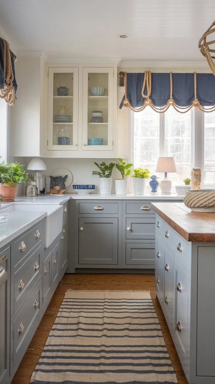 This coastal farmhouse kitchen harmoniously fuses rustic charm with nautical flair, featuring calming gray cabinets and playful rope accents for a perfect blend of relaxation and culinary creativity.