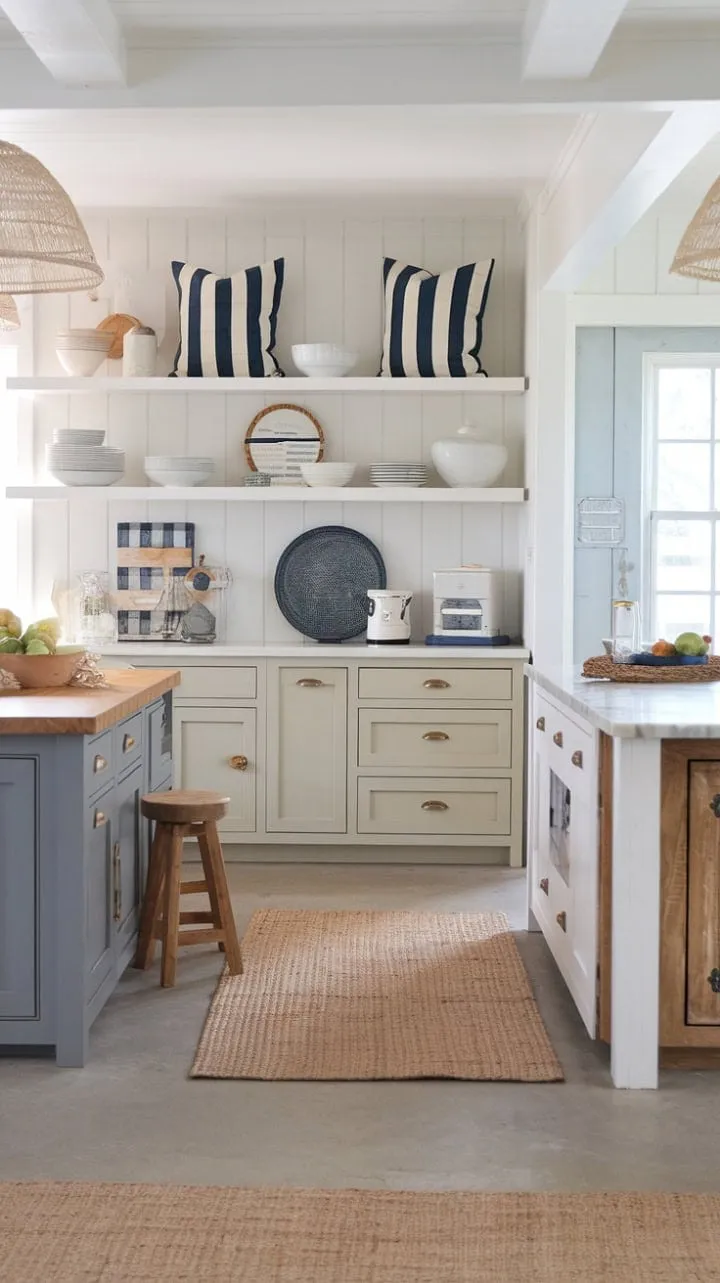 This coastal farmhouse-inspired living room and kitchen effortlessly combines modern comfort with chic seaside charm through its two-toned cabinets and elegant marble countertops.
