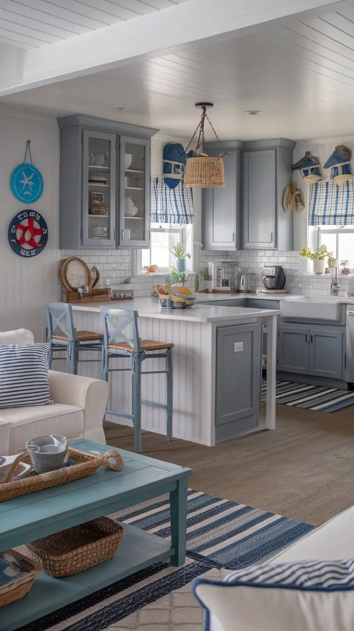 Experience coastal bliss in this charming nautical living room that effortlessly transitions into a beachy kitchen, where farmhouse charm meets seaside serenity.