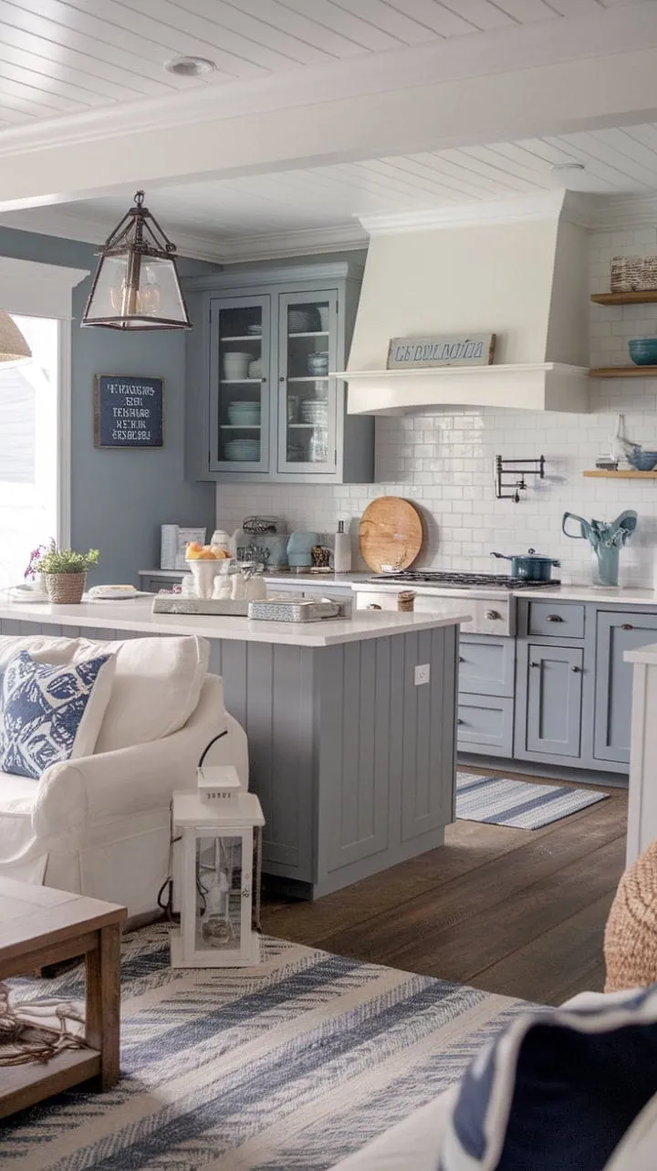 This serene two-tone kitchen blends gray cabinets and a white island with coastal decor for a perfect harmony of comfort and style.