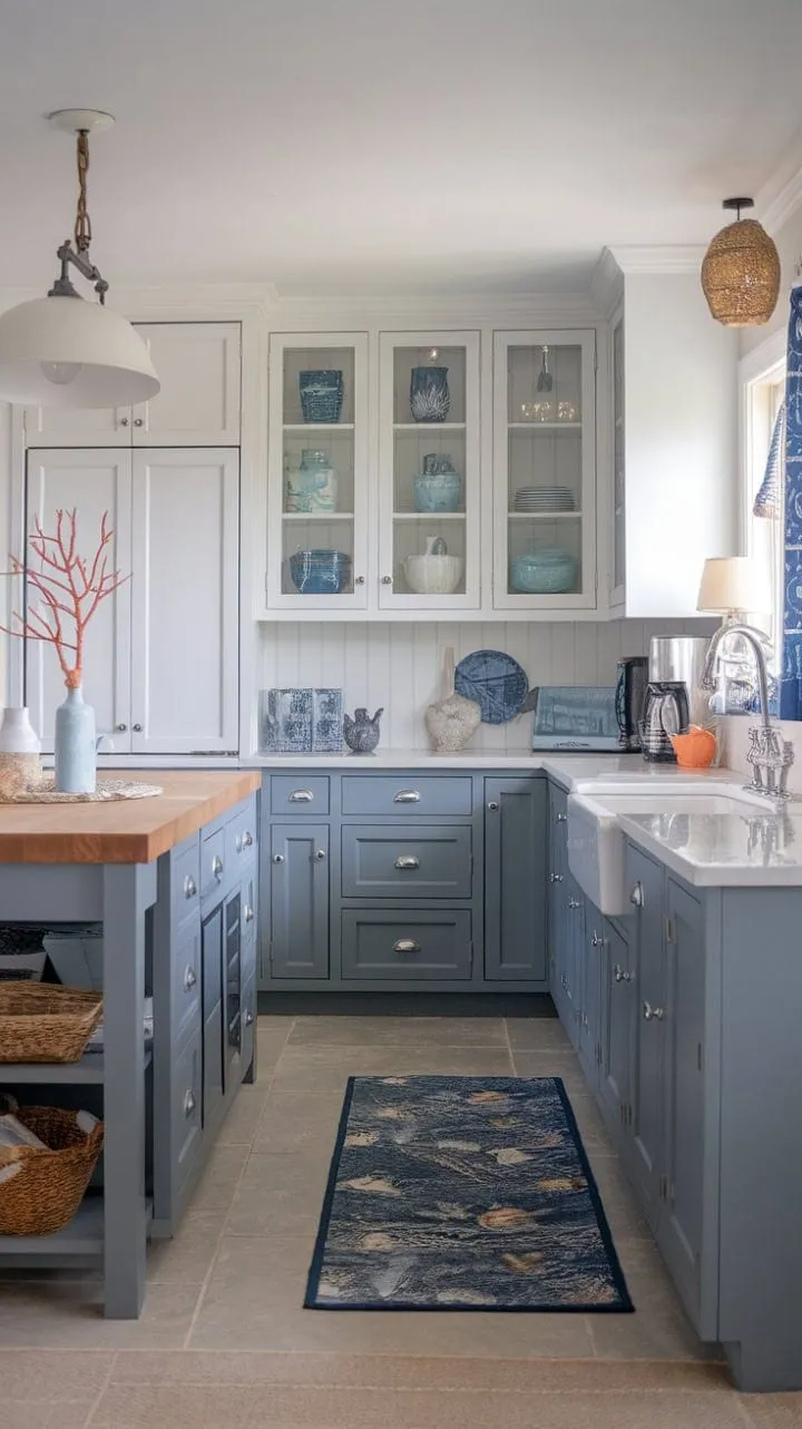 This coastal kitchen blends serene two-tone cabinetry with natural wood and nautical touches, creating an effortlessly elegant retreat.