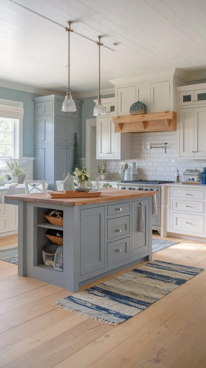 This coastal farmhouse kitchen, with its gray and white cabinets, wooden island, and soft blue walls, is a serene sanctuary of relaxed elegance.