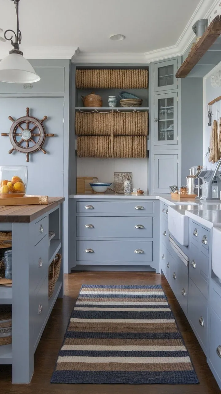 This coastal kitchen blends serene gray cabinets and white walls with nautical accents and warm wooden elements, crafting an inviting culinary retreat.