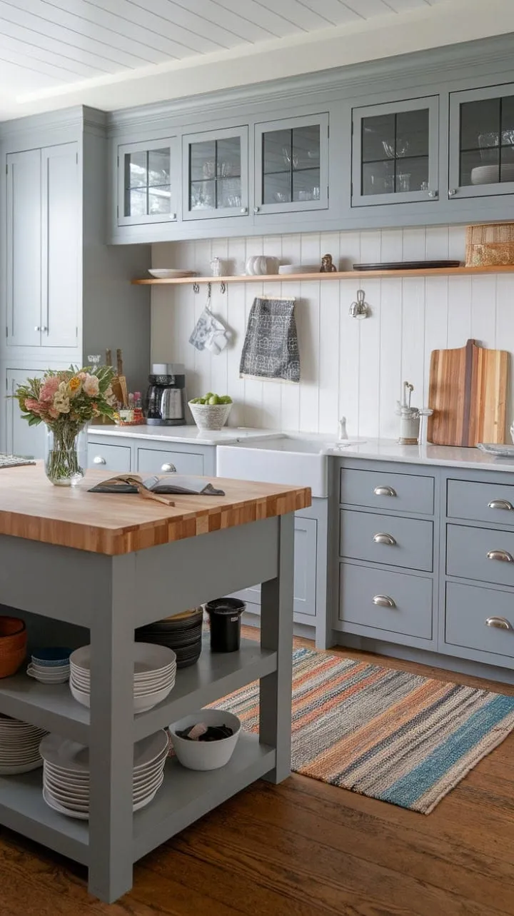 This coastal farmhouse kitchen, with its two-tone gray cabinets and inviting butcher block island, serves as a warm sanctuary for culinary creativity and heartfelt conversations.