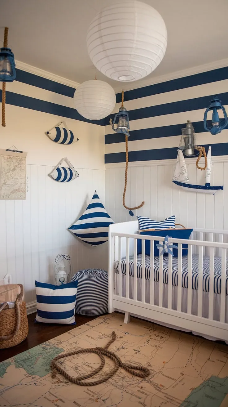 Anchors aweigh! This charming nautical nursery is a dream come true. From the striped walls and map rug to the adorable boat crib and floating lanterns, every element evokes the spirit of the sea, creating a serene and playful space for a little one's voyages into slumber.