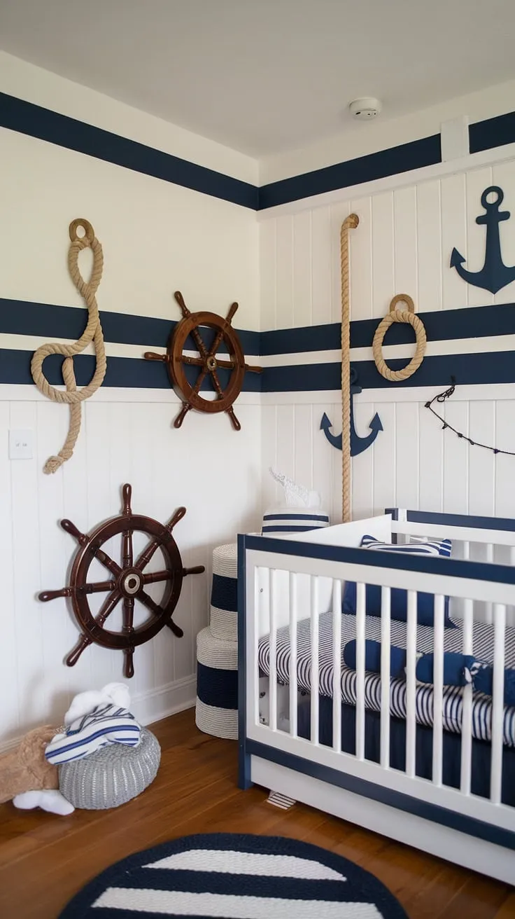 Set sail for dreamland in this charming nautical nursery. The striped walls, rope accents, and miniature ship's wheel create a whimsical yet sophisticated space, ensuring a peaceful and adventurous sleep for your little captain.