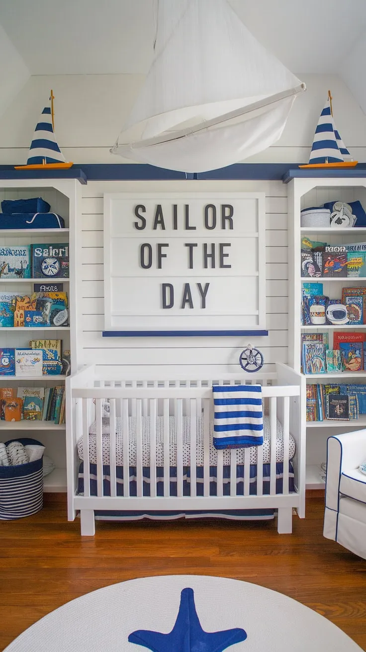 Ahoy, matey! This nautical nursery is ready to set sail on a sea of sweet dreams. The "Sailor of the Day" board proudly overlooks the crib, surrounded by charming blue accents and a collection of nautical adventures waiting to be read. A perfect haven for a little one's voyages of discovery.