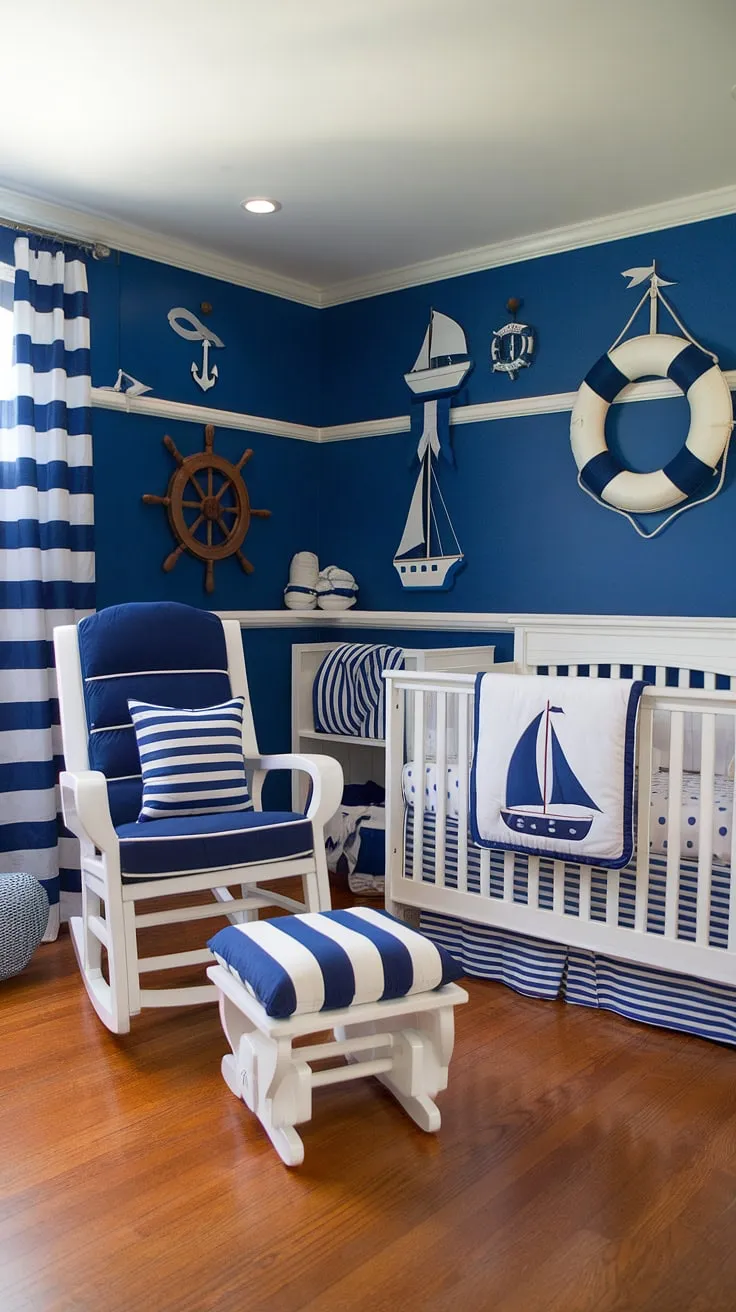 Ahoy, matey! This nautical nursery is ready for smooth sailing. The crisp white crib, charming rocking chair, and playful nautical accents create a serene and adventurous space for little ones to dream big.