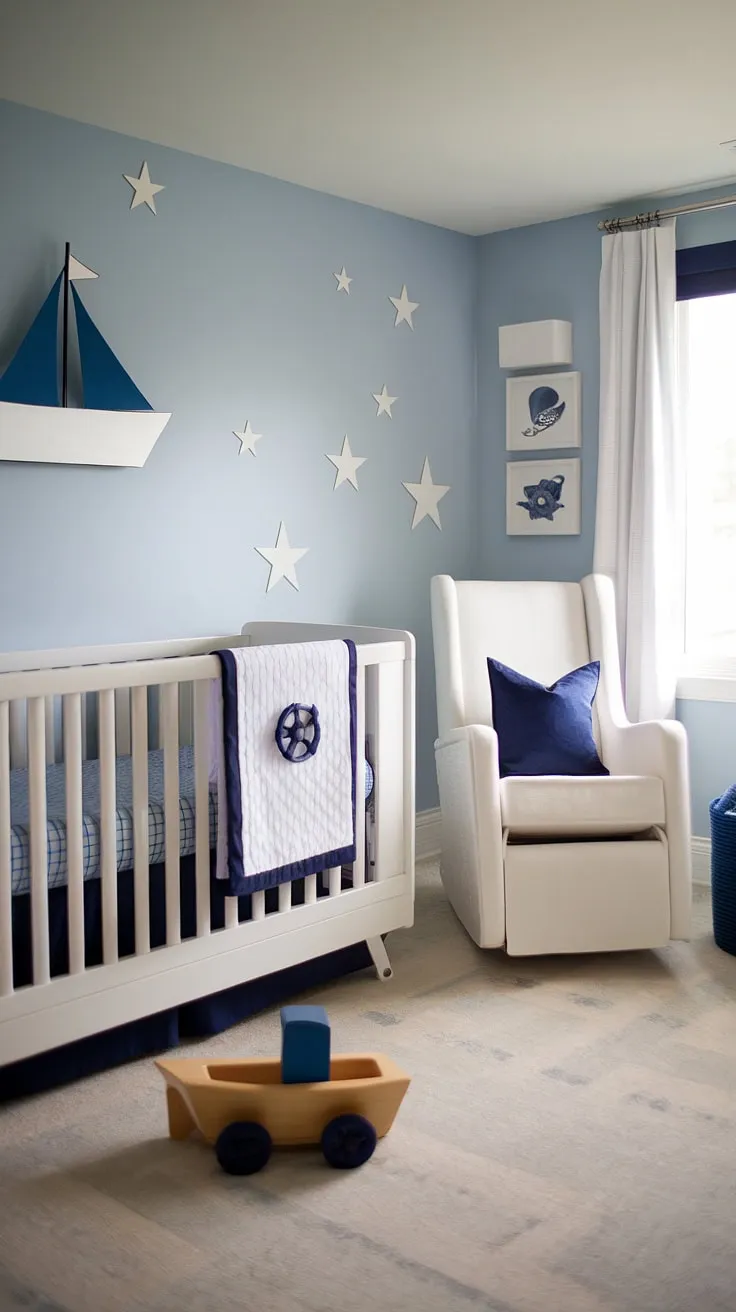 Ahoy, matey! This serene nautical nursery is the perfect haven for a little sailor. From the crib's gentle blue waves to the charming wooden boat, every detail whispers of calm seas and peaceful nights.
