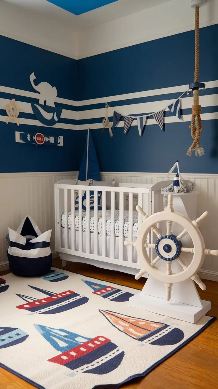 Ahoy, matey! This charming nautical nursery is ready for a tiny captain. The wooden ship's wheel, nautical flags, and rope details add a touch of seafaring magic to this perfectly styled space, promising calm seas and peaceful nights.
