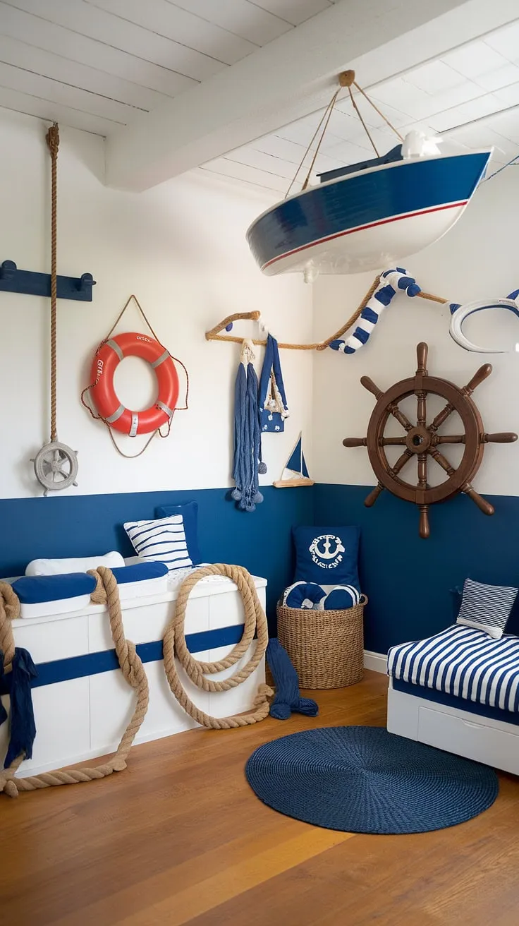 Ahoy, matey! This little sailor's room is ready for open waters. From the hanging boat to the rope accents, every detail speaks to a love of the sea. A perfect blend of playful and peaceful, it's the ideal space for a child to drift off to dreamy voyages.