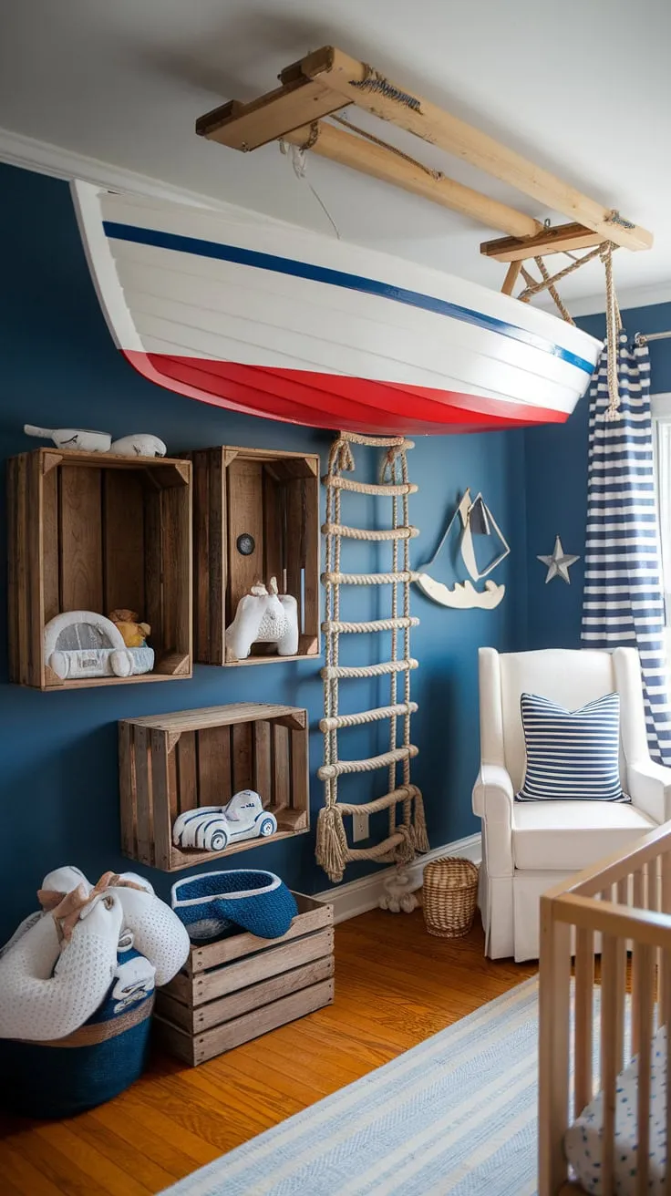 Ahoy, matey! This little sailor's room is brimming with nautical charm. From the striped boat to the cozy wooden crates, every detail speaks to a life of seafaring fun and peaceful slumber.