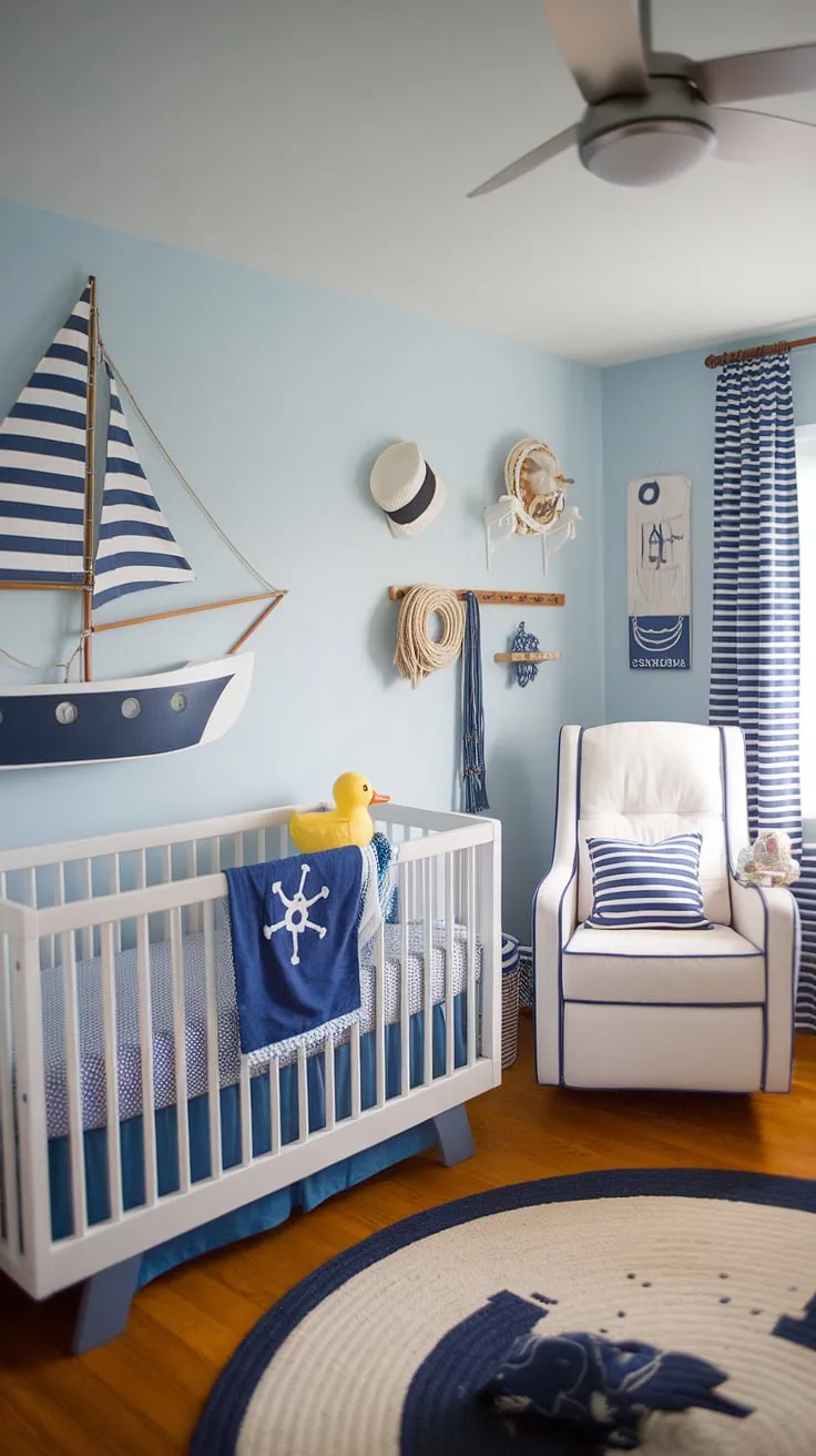 Ahoy, matey! This nautical nursery is ready for smooth sailing and sweet dreams. The little captain's crib, complete with a cheerful yellow duck, promises many adventures ahead. A perfect blend of playful charm and calming serenity.