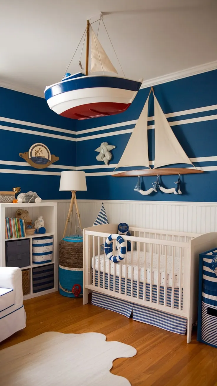 Set sail on sweet dreams in this nautical nursery, where adventure awaits in every detail. The charming boat hanging overhead and sail-shaped lampshade create a whimsical atmosphere perfect for a little one's imagination to run wild.
