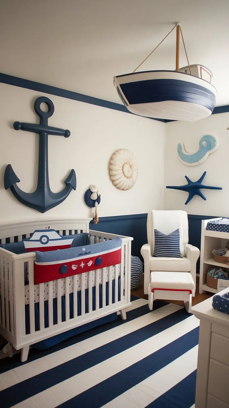 Ahoy, matey! This nautical nursery is ready for smooth sailing. The perfect blend of classic charm and playful adventure, complete with a charming anchor, seashell accents, and a cozy crib for the little captain.