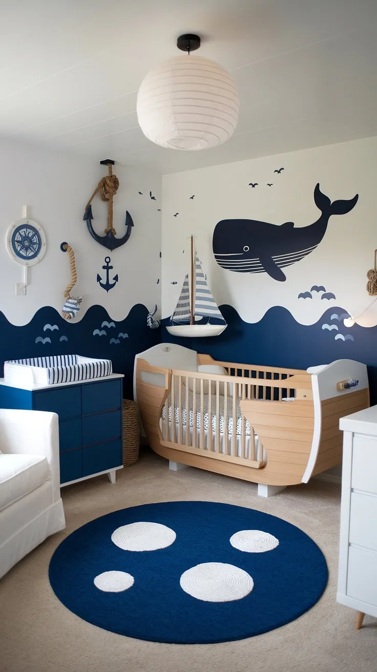 Anchors aweigh! This nautical-themed nursery is a dream come true. From the majestic whale wall decal to the charming boat crib, every detail is thoughtfully curated to create a serene and stimulating environment for a little sailor. The perfect blend of blue and white evokes the calm of the sea, promising peaceful nights and exciting days ahead.