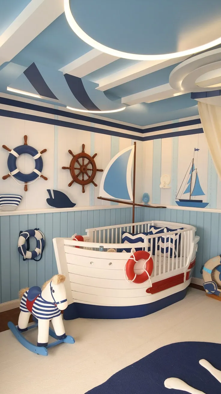 Ahoy, matey! This nautical nursery is ready for adventure, complete with a charming boat-shaped crib, a ship's wheel ready for tiny hands, and a sailor rocking horse for endless playtime. The light blue and white color scheme creates a calm and peaceful atmosphere, perfect for sweet dreams.