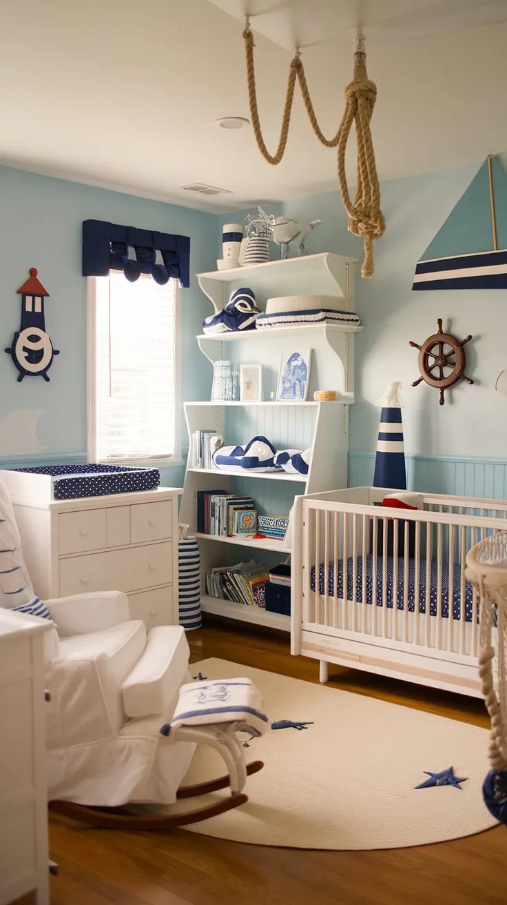Ahoy, matey! This nautical nursery is ready for smooth sailing, complete with a cozy crib, a charming rocking chair for late-night lullabies, and plenty of seafaring adventures waiting to unfold. The perfect blend of classic and coastal charm creates a serene space for little ones to dream of open waters.