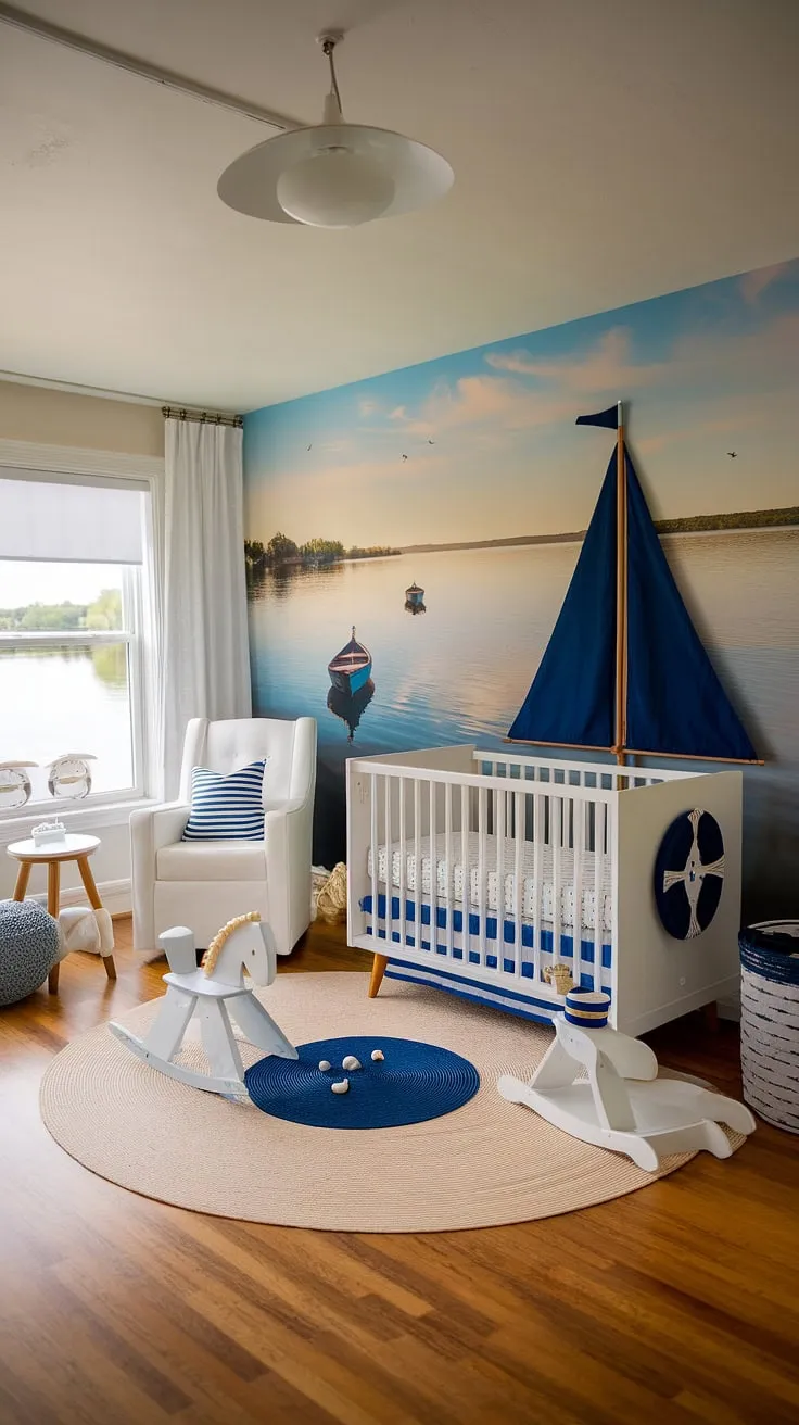 Ahoy, matey! This charming nautical nursery is ready for its first voyage. With a calming lake mural, a cozy crib, and a dapper rocking horse, this room is the perfect blend of adventure and tranquility. A dream come true for any little one who loves the sea.