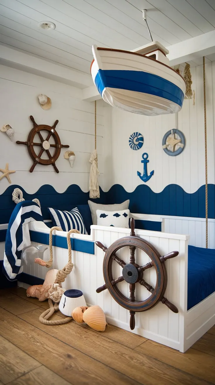 Ahoy, matey! This nautical nursery is ready for adventure, complete with a charming sailboat hanging overhead, a ship's wheel ready for tiny hands, and seashells scattered like treasures across the walls. The perfect blend of playful and peaceful for a little one's seafaring dreams.