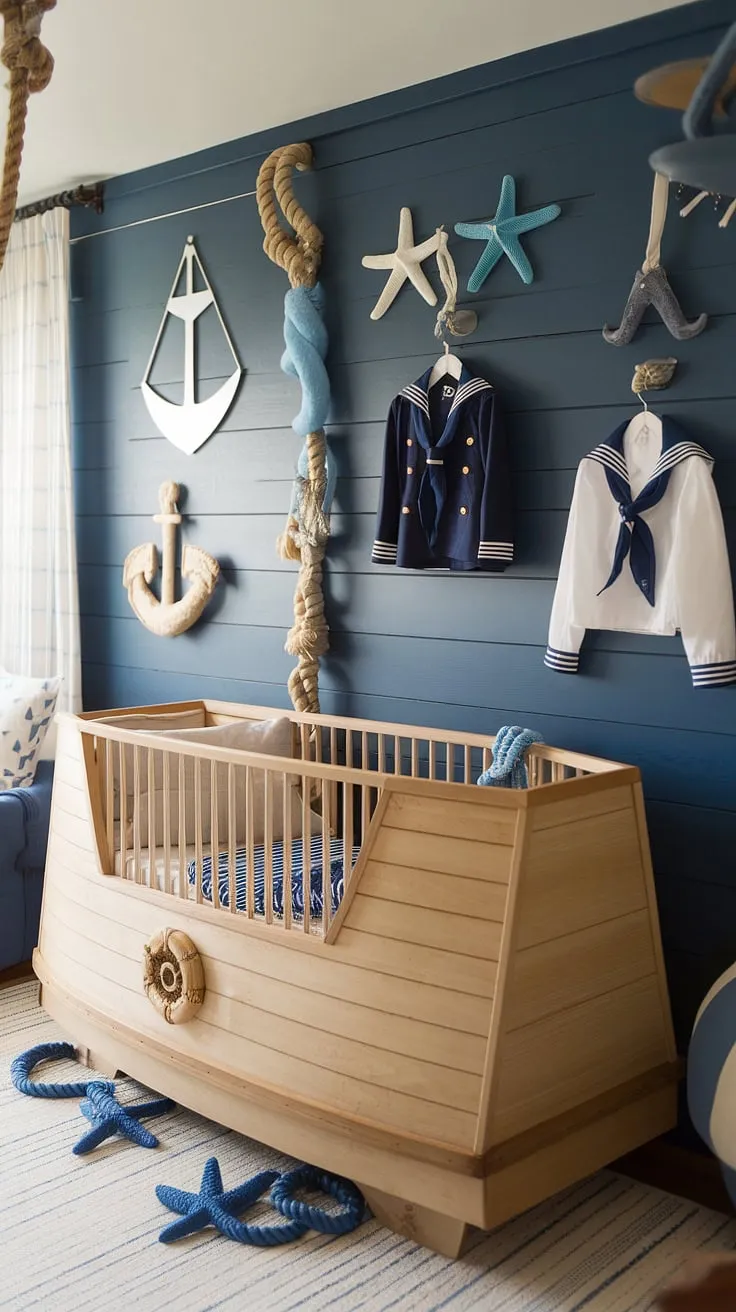 Full speed ahead to dreamland! This ship-shaped crib and charming nautical decor create a dreamy escape for the little sailor in your life. The anchor, rope, and starfish details add a perfect touch of coastal charm.