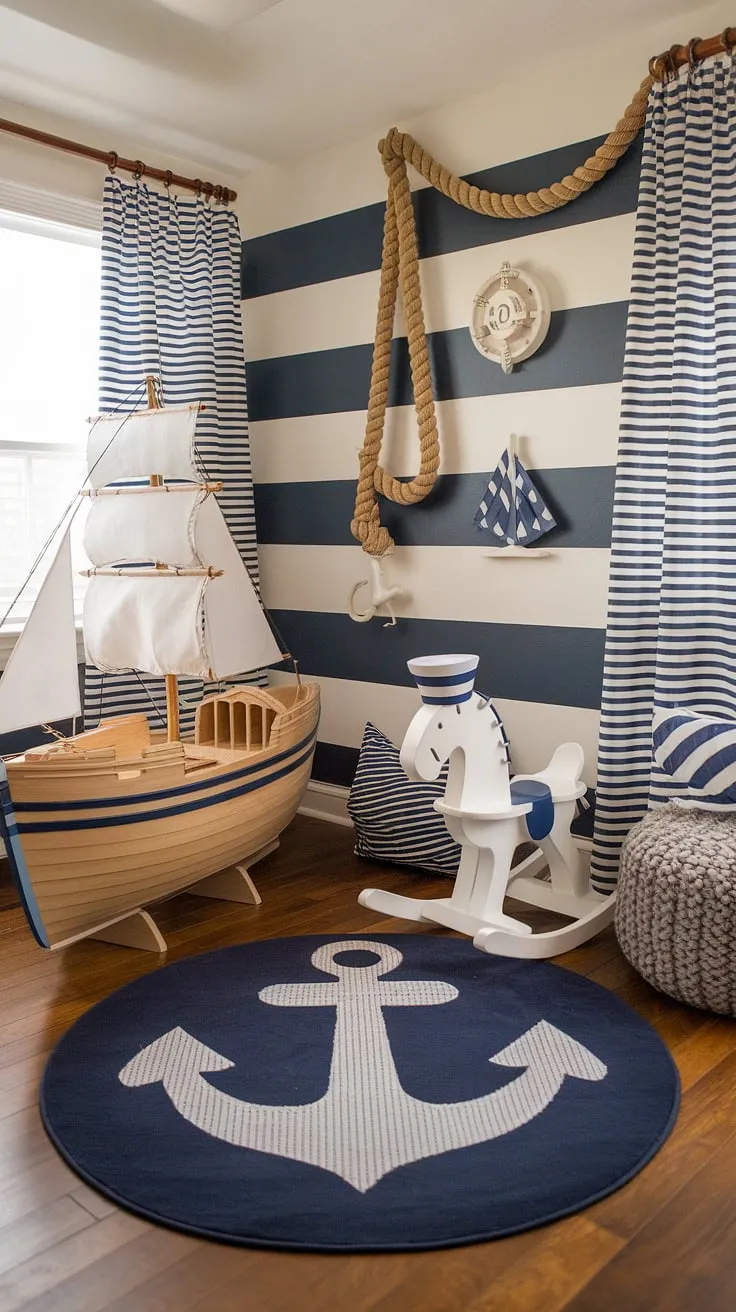 Ahoy, matey! This nautical nursery is ready for adventure, complete with a charming rocking horse sailor, a ship model worthy of any captain, and rope curtains that whisper tales of the sea. The anchor rug and striped walls add the perfect finishing touch to this little sailor's dream room.